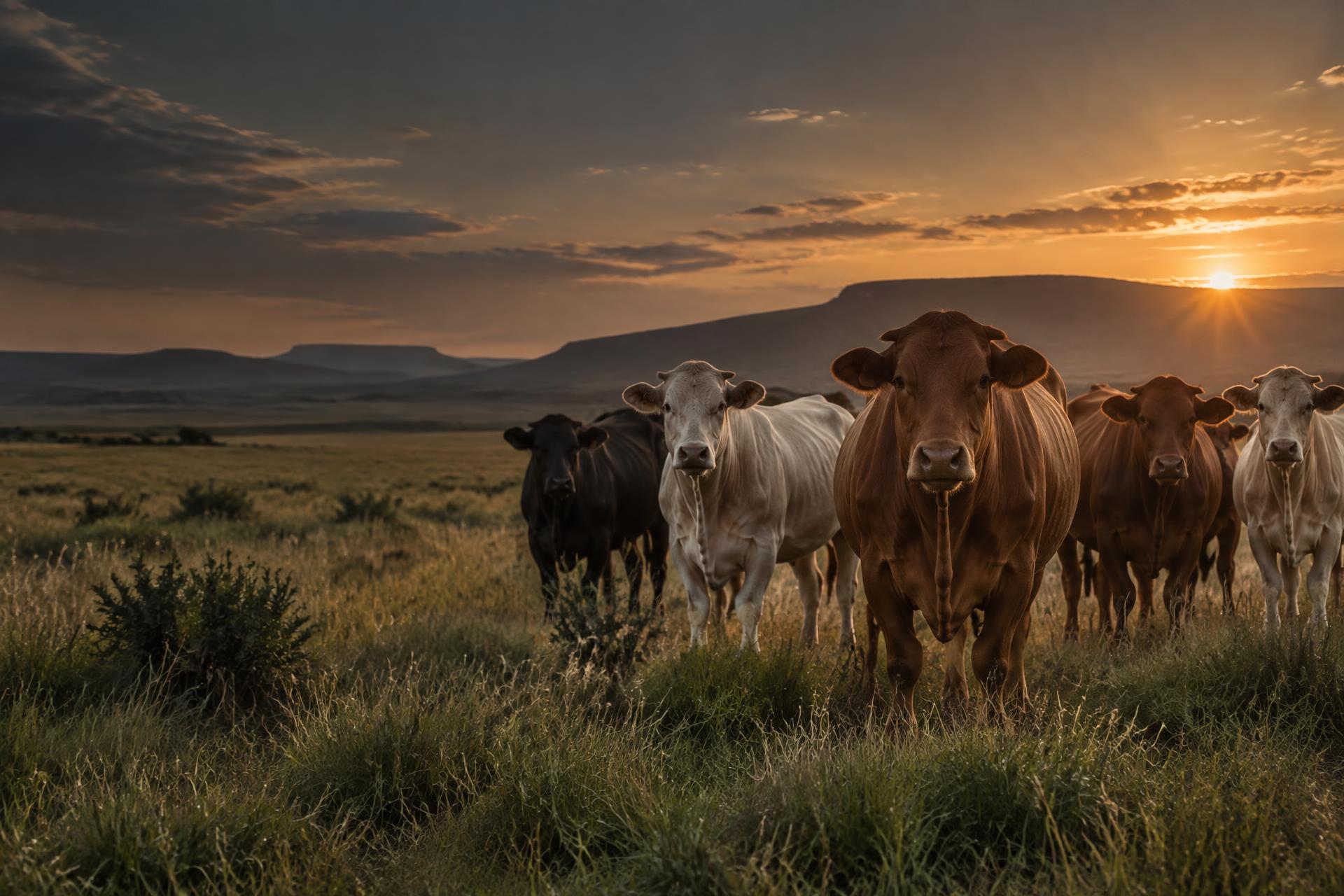 Healthy cattle in open grassland at sunset
