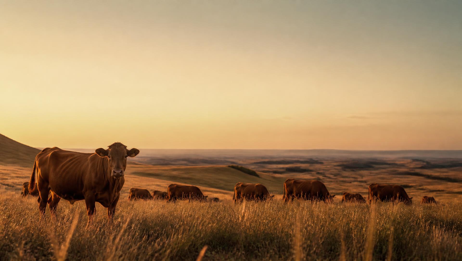 Cattle grazing on open grassland at sunset